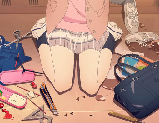 a screenshot from kusunoki muu's first music video, after pain. it shows muu on her knees in her school uniform, school supplies scattered around her.